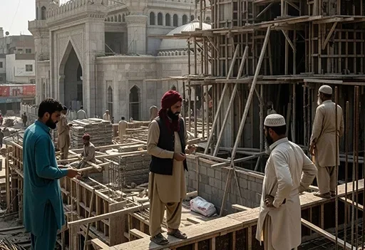 Men discussing mosque construction plans at a building site with scaffolding and concrete structures