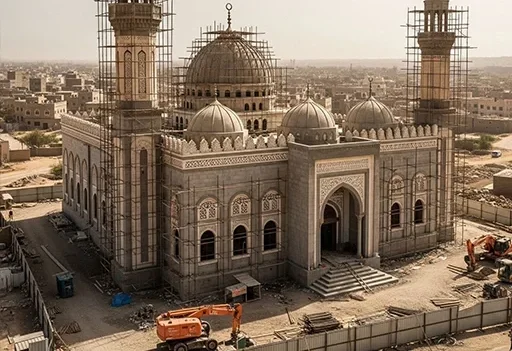Large mosque under construction with scaffolding and construction equipment, located in an urban area