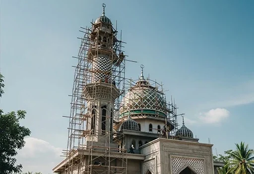 Mosque building under construction with scaffolding around domes and minarets, set against a blue sky