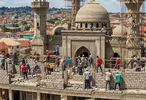 Construction workers building a mosque with scaffolding and concrete blocks in an urban area