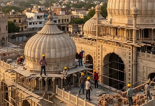 Construction workers wearing safety helmets building a mosque with domes and scaffolding in an urban area