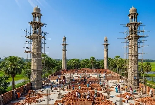 Construction workers building the foundation and minarets of a mosque, surrounded by bricks and scaffolding in a green landscape