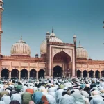 A large congregation of people praying outside a grand mosque with multiple domes and minarets, supported by Giving Hands.