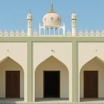 A small, newly constructed mosque with three arched entrances and white domes, supported by Giving Hands.
