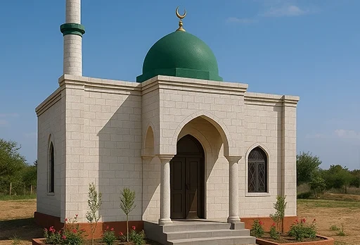 A small mosque with a green dome and single minaret, surrounded by greenery, supported by Giving Hands.