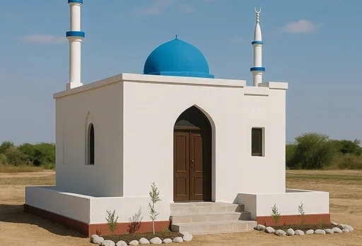 A small mosque with a blue dome and two minarets, set in a rural area, supported by Giving Hands.