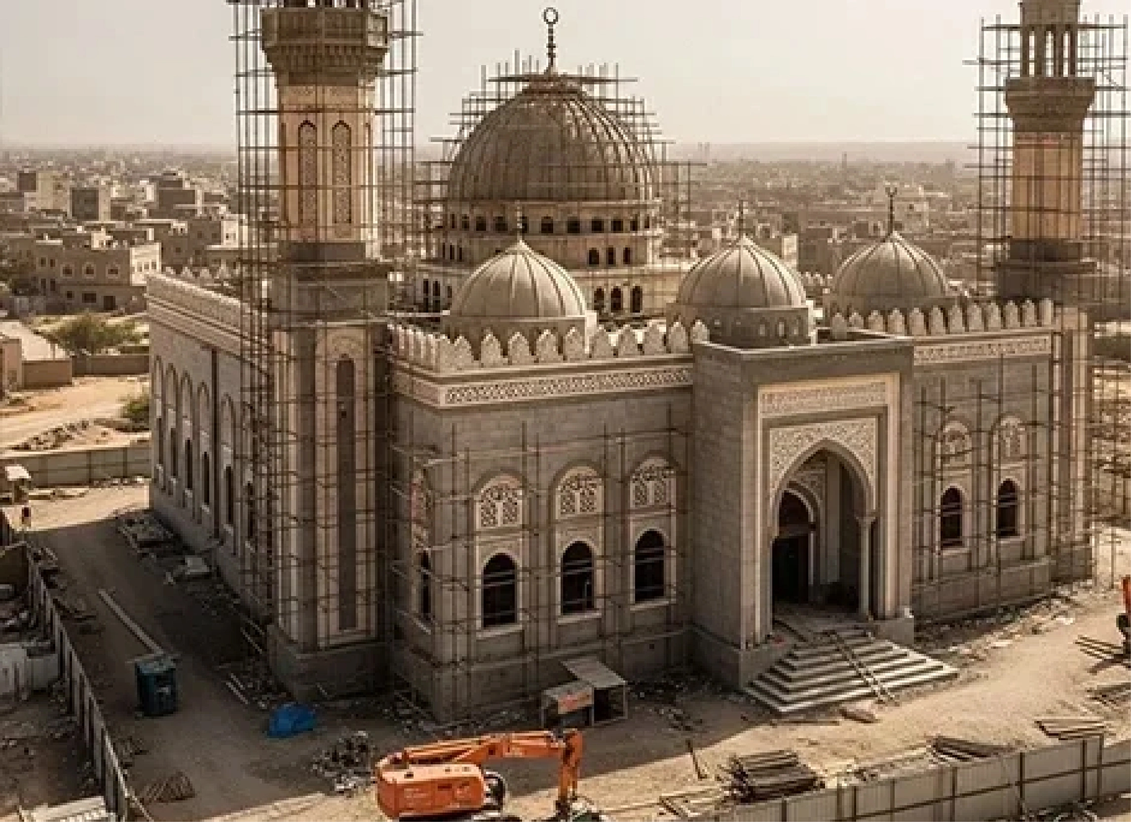 A large mosque under construction with multiple domes and minarets surrounded by scaffolding, supported by Giving Hands.