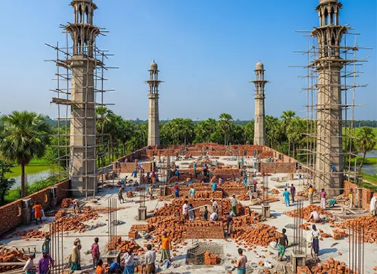 Construction workers build the foundation and pillars of a mosque as part of a Giving Hands development project.