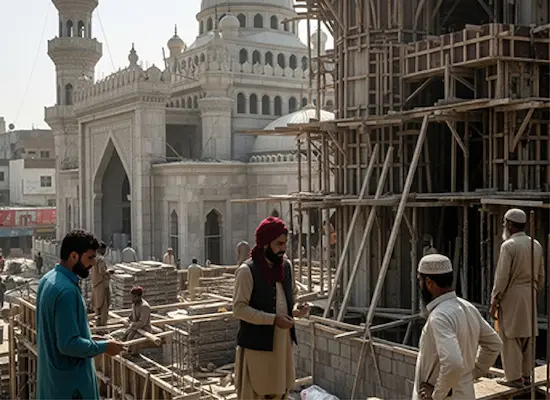 Workers and volunteers construct a mosque, with scaffolding and building materials visible, as part of a Giving Hands project.