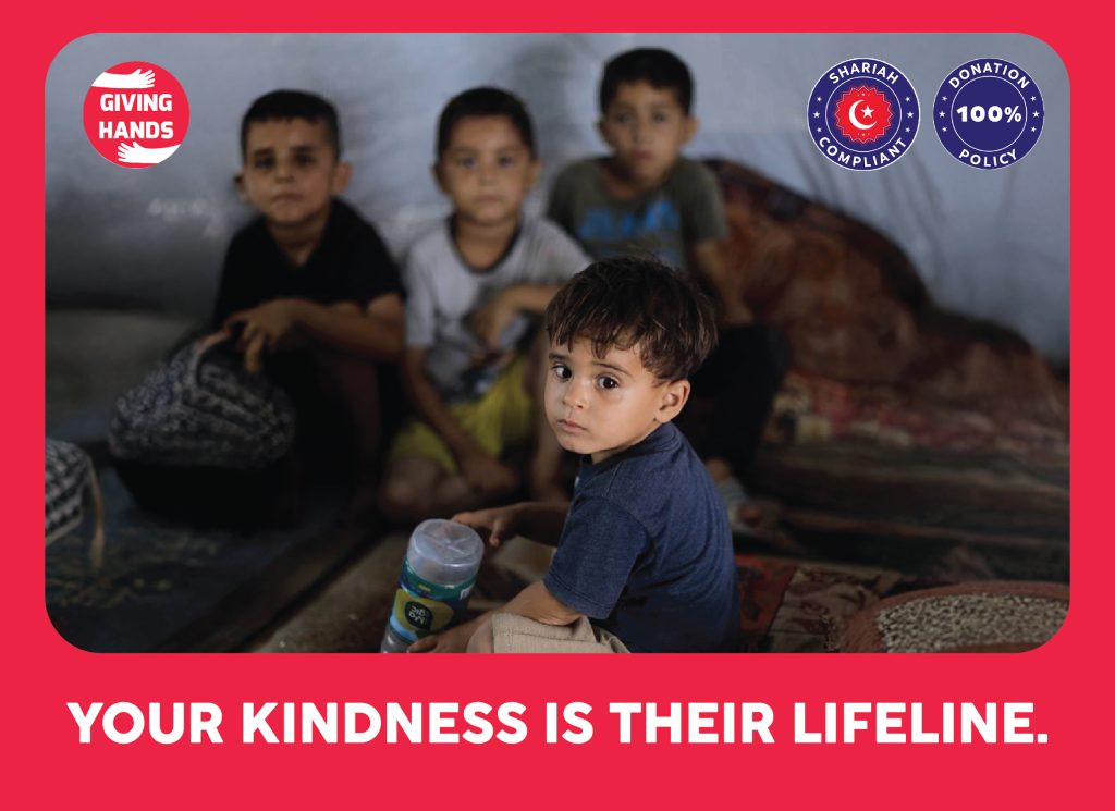 Children sitting together indoors with charity logos and the message "Your kindness is their lifeline."