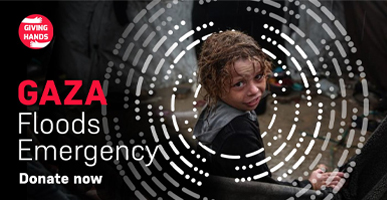 Giving Hands Gaza floods emergency appeal banner urging donations for disaster relief