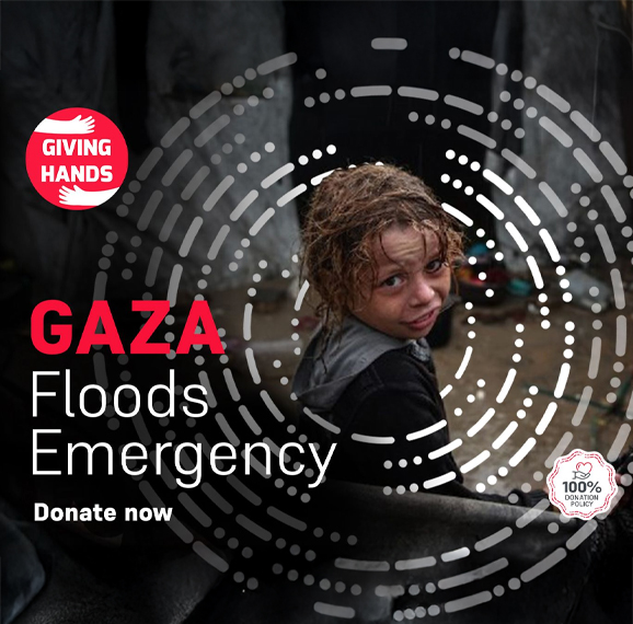 Giving Hands Gaza floods emergency appeal banner urging donations for urgent disaster relief, featuring 100% donation policy