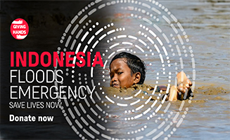 Giving Hands Indonesia floods emergency appeal banner urging donations to save lives
