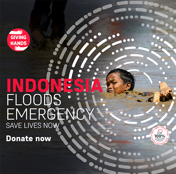 Giving Hands Indonesia floods emergency appeal banner urging donations to save lives, featuring 100% donation policy